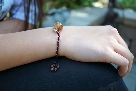 Natural Brown Rutilated Quartz In Braided Bracelet Lucky Knotted Rope Adjustable Bracelet Gift for Her For Him
