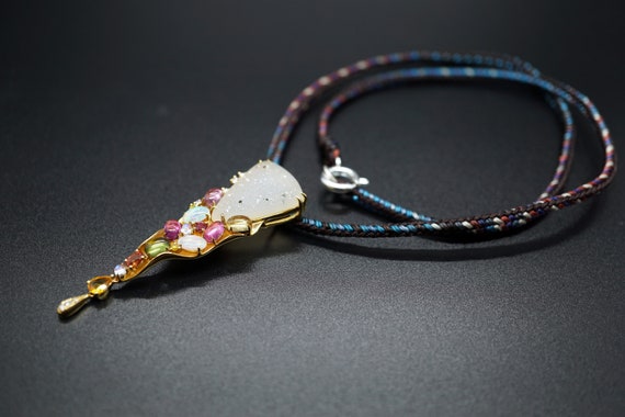Multi-gemstone Pendant, 18K Yellow Gold Pendant, Tourmaline Diamond Pendant, Cluster Pendant