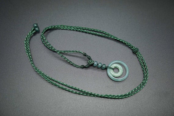 Natural Jadeite Pendant, Dark Green Jade Charm,Open Circle Jade Charm, Adjustable Cord Necklace, 20mm