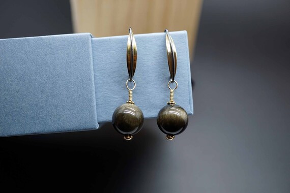 Sterling Silver Earring Hook, Gold Obsidian Dangle Eearrings, Long Almond Shape Hook Earrings