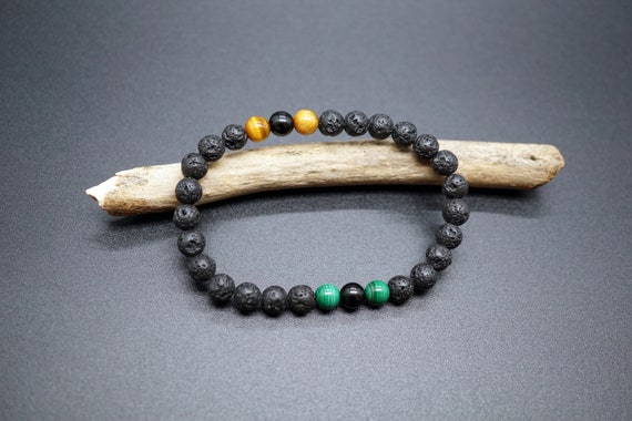 Black Lava Rock Diffuser Bracelet, Green Malachite Bracelet, Black Tourmaline Bracelet, Gold Tiger Bracelet