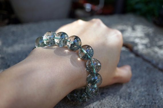 Natural Round Green Phantom Quartz Beaded Bracelet Green Lace Quartz 14.5MM
