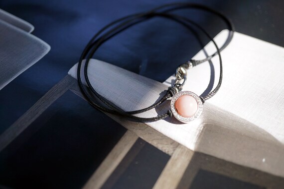 Rose Chalcedony Zircon Silver Choker Necklace Waxed Cord  Girl Gift Double Side Use