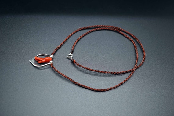 Natural Sardinia Coral Charm, Red Coral Pendant, Carved Coral Charm, Sterling Silver Charm, Handmade Cord Necklace