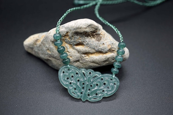Natural Jade Choker Necklace, Green Cord Necklace, Hollow Butterfly Charm, Hollow Jade Choker