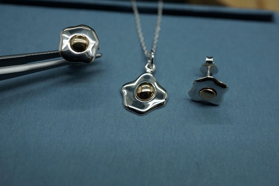 Sterling Silver Egg Post Earrings with Bronze Yolk 9x9mm, jewelry set, Fried Egg Jewerry Set