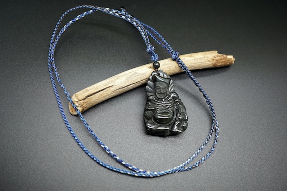 Genuine Obsidian Charm Necklace, Jigong Obsidian Pendant, Adjustable handmade Necklace