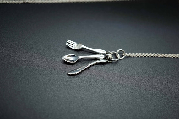 Sterling Silver Charms Necklace, Silver Knife Spoon and Fork Charm, Tiny Utensil Charm