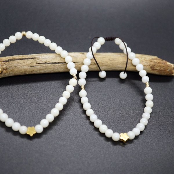 White Coral Stuning Round Beaded Bracelet With Gold-filled 7'' Adjustable-length Gift for Her 4.5mm