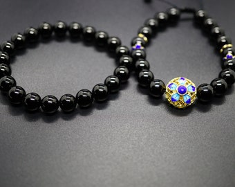 Black Round Tourmaline Beaded Bracelet With Gold-plated 7'' Gift for Her 8mm For Him Couple