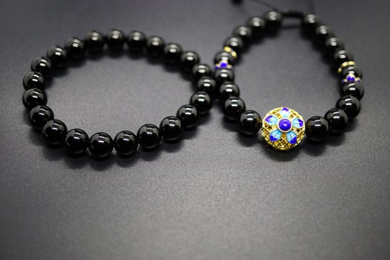 Black Round Tourmaline Beaded Bracelet With Gold-plated 7'' Gift for Her 8mm For Him Couple