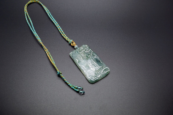 Natural Jade Rectangle Pendant, Mountain View Jade Pendant, Bi-color Jade Penant Necklace