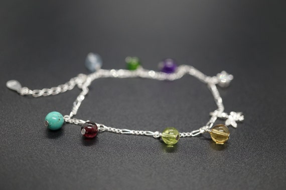 Sterling Silver Chain Bracelet With Angle Peridot Amethyst Charms 7.5'' Adjustable-length