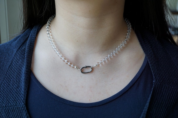 Clear Quartz Bead Necklace, Natural Quartz Necklace, Silver Clasp Necklace, Pendant Link Necklace, 18''
