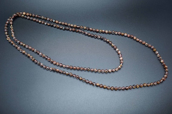 Natural Quartz Necklace, Beaded Long Necklace, Rutilated Quartz Necklace, Knotted Beaded Necklace, 5.6mm