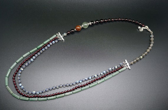 Natural Garnet Necklace, Labradorite Necklace, 3 Strands Necklace, Boho Necklace 26 inch