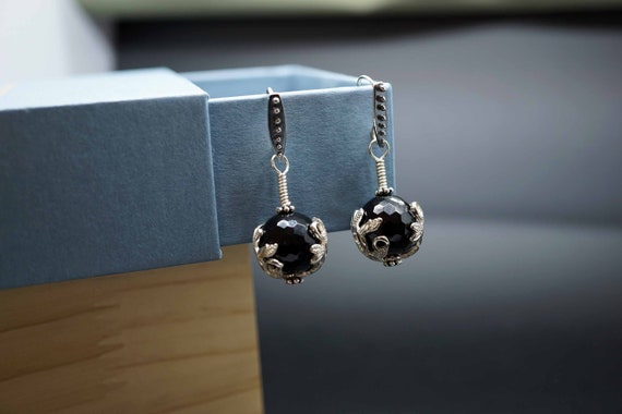 Sterling Silver Hook Earrings, Black Tourmaline Eearrings, Floral Dangle Earrings