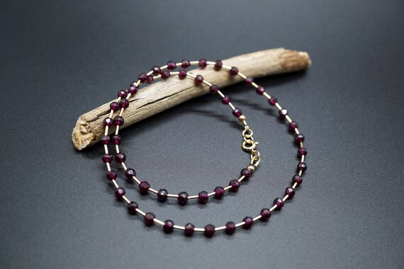 Natural Faceted Garnet Bead Necklace, Gold Filled Bead Necklace, January Birthstone Necklace