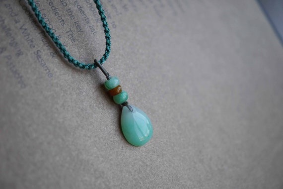 Natural Green Jade Charm, Teardrop Jade Charm, Handmade Silk Cord Necklace With Dainty Jade