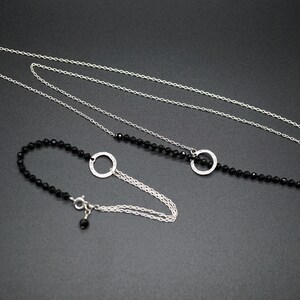 Lariat Y Necklace, Black Tourmaline Lariat Jewelry Set, Open Circle Bracelet, Silver Y Necklace