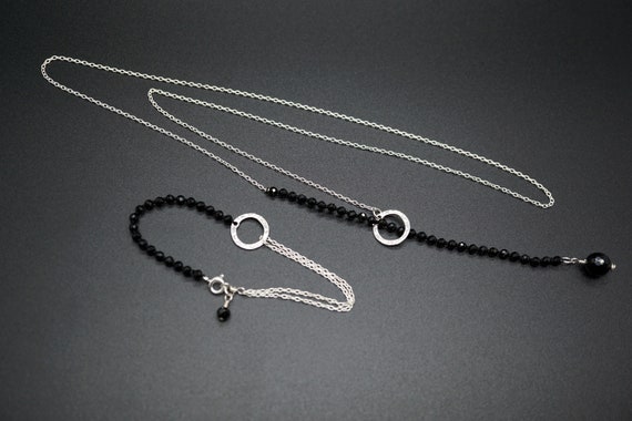 Lariat Y Necklace, Black Tourmaline Lariat Jewelry Set, Open Circle Bracelet, Silver Y Necklace