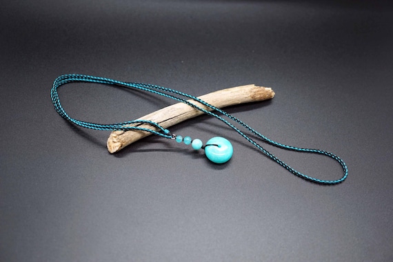 Real Amazonite Charm, Blue Amazonite Long Necklace, Silk Cork Necklace, Mixed Color Cord Necklace