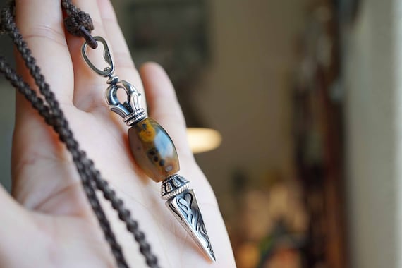 Sterling Silver Vajra Dorje, Nanhong Agate Dorje Pendant, Handmade Cord Necklace, Multicolor Nanhong Agate