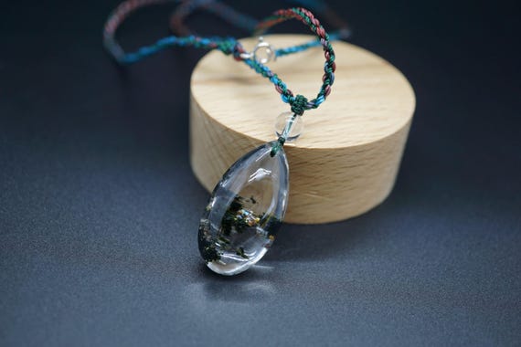 Natural Green Ghost Phantom Pendant, Teardrop Crystal Pendant, Silk Cord Necklace 23 inch
