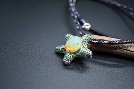 Genuine Crystalline Opal Pendant,18K White Gold Starfish Brooch, Multicolored Opal Jewelry