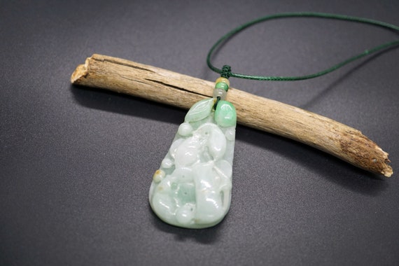 Natural Jadeite, Carved Lucky Pattern Pendant, Adjustable Green Cord Necklace, Fish Corn Ancient Coin