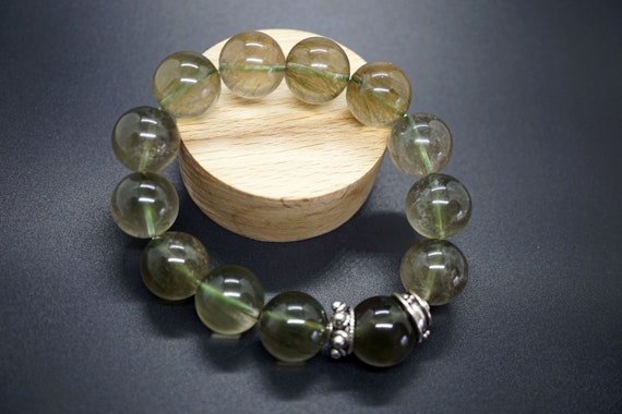 Genuine Cat's Eye Quartz Bracelet, Green Rutilated Quartz Bracelet, 16.5mm Grade A