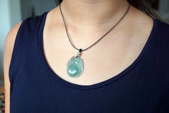 Natural Jadeite Free Carved Pendant With Adjustable Brown Cord Necklace Luck Gift For Her For Him
