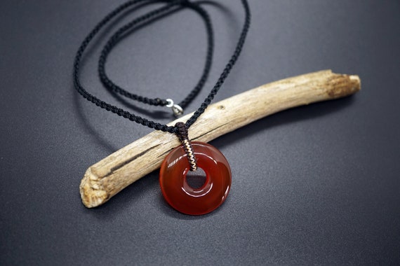 Round Donut Carnelian, Carnelian Charm, Handmade Black Cord Necklace