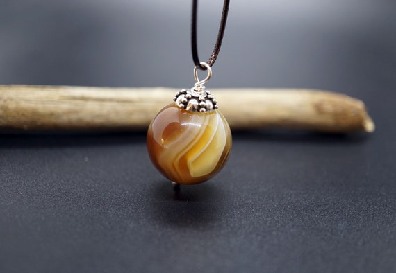 Natural Botswana Agate, Botswana Charm Necklace, Adjustable Brown Cord Necklace,19.8mm bead