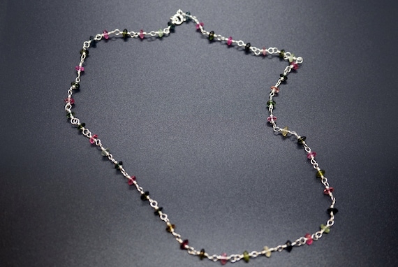 Natural Multi Tourmaline Necklace, Sterling Silver Tourmaline Choker, Chain Link Necklace