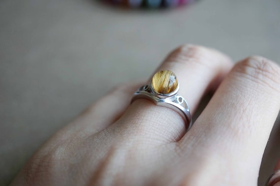Natural Rutilated Quartz Ring, Delicate Cabochon Ring, Round Cabochon Ring, US 6 1/4