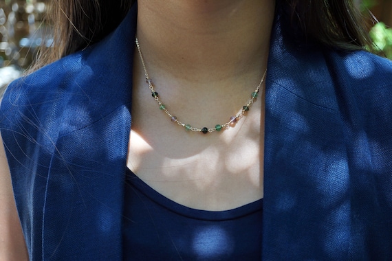 Faceted Multicolor Tourmaline Necklace Rondelle Tourmaline Gold Necklace Tourmaline Choker October Birthstone 16''