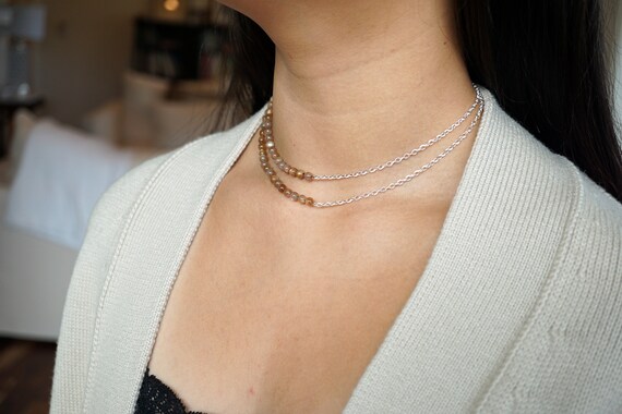 Natural Sunstone Beaded Necklace, Sunstone with Silver Chain 2 Layered Necklace, Layered Boho Bracelet