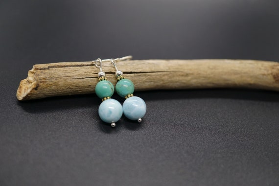 Natural Larimar Turquoise Beaded Handmade Dangle Drop Earrings Silver Gift for Her Decmber Birthstone