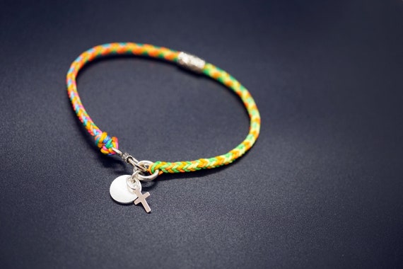 Sterling Silver In Colorful Rope Knots Bracelet Braided Lucky Bracelet Silver Cross Charm