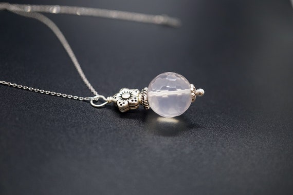 Natural Faceted Rose Quartz Pendant, Adjustable-length Sterling Silver Neeklace