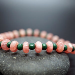 Rhodochrosite Bracelet, Malachite Breacelet, Donut Round Bead, Pink Bead Bracelet
