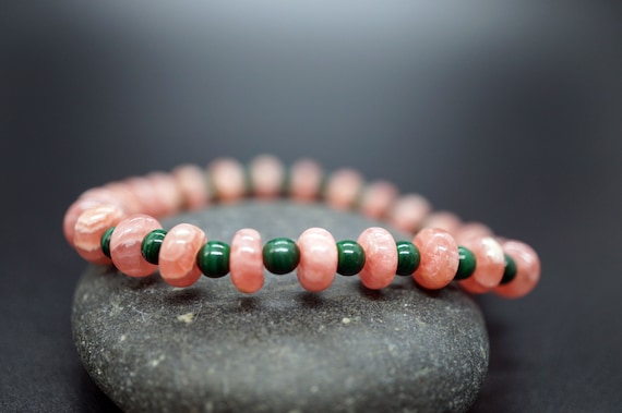 Rhodochrosite Bracelet, Malachite Breacelet, Donut Round Bead, Pink Bead Bracelet