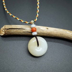 Natural White Jadeite Pendant, Donut Jade Pendant, Adjustable Length Colorful Necklace