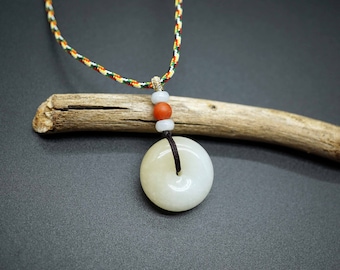 Natural White Jadeite Pendant, Donut Jade Pendant, Adjustable Length Colorful Necklace