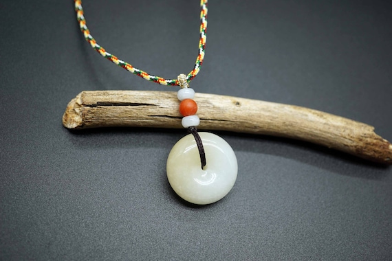 Natural White Jadeite Pendant, Donut Jade Pendant, Adjustable Length Colorful Necklace