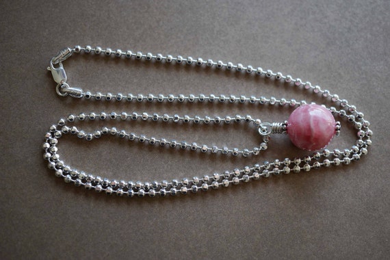 Rhodochrosite Charm Necklace, Pink Rhodochrosite Pendant, Diamond Cut Sterling Silver Necklace, 24''