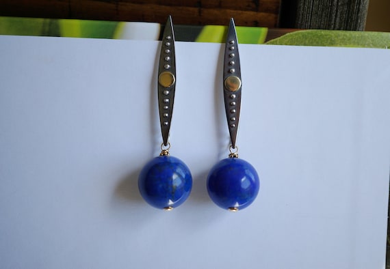 Natural Lapis Lazuli Dangle Earring, Sterling Silver Spike Earring, Bronze Dot Hook Earring