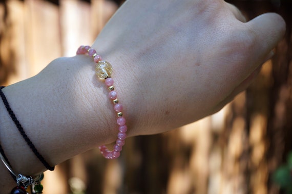 Natural Rhodochrosite Bead Bracelet, Natural Gold Rutilated Quartz Bracelet, Pink Bead Bracelet 4.4mm