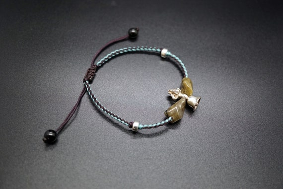 Vajra Dorje Bracelet, Raw Tourmaline Nugget, Sterling Silver Charm, Braided Cord Bracelet, Adjustable Bracelet